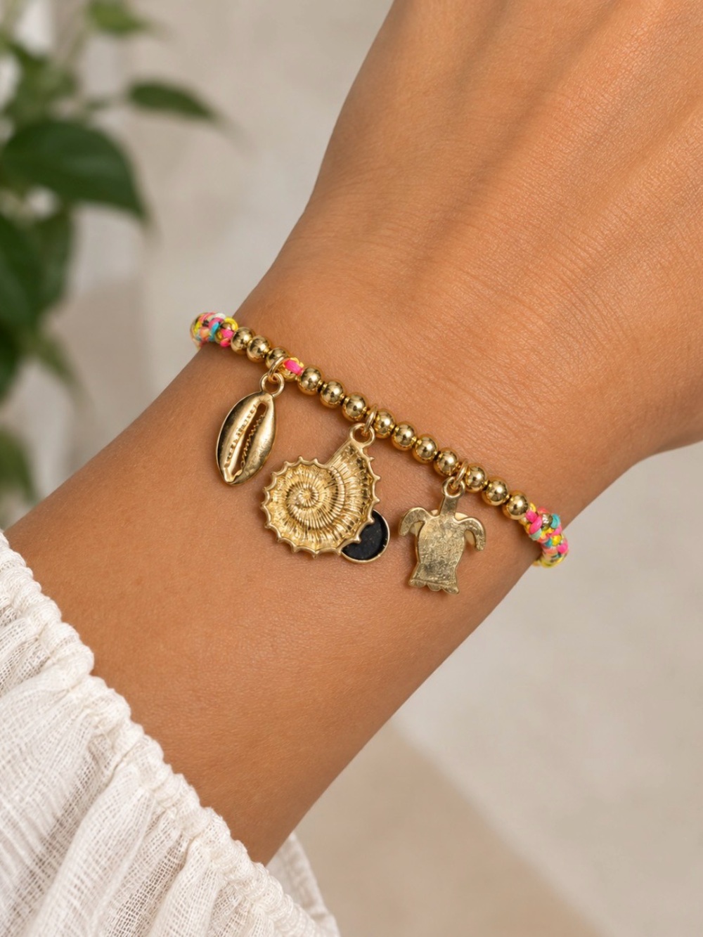 Sea Life Gold Charm Braided Bracelet with Multicolor Cord